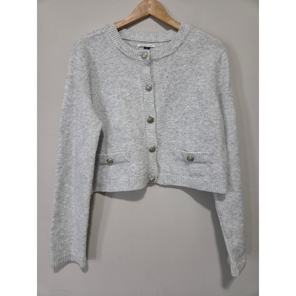 American Eagle Cropped Cardigan Sweater Gray Button Front Crest Buttons Large